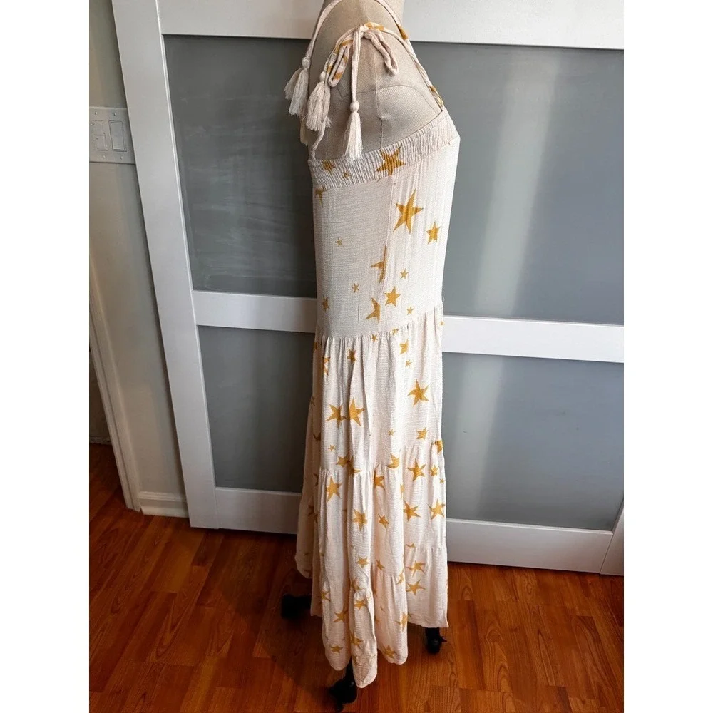 Storia Gold Star Midi Sun Dress Cream Tie Shoulder Smocked Tiered XS Guaze